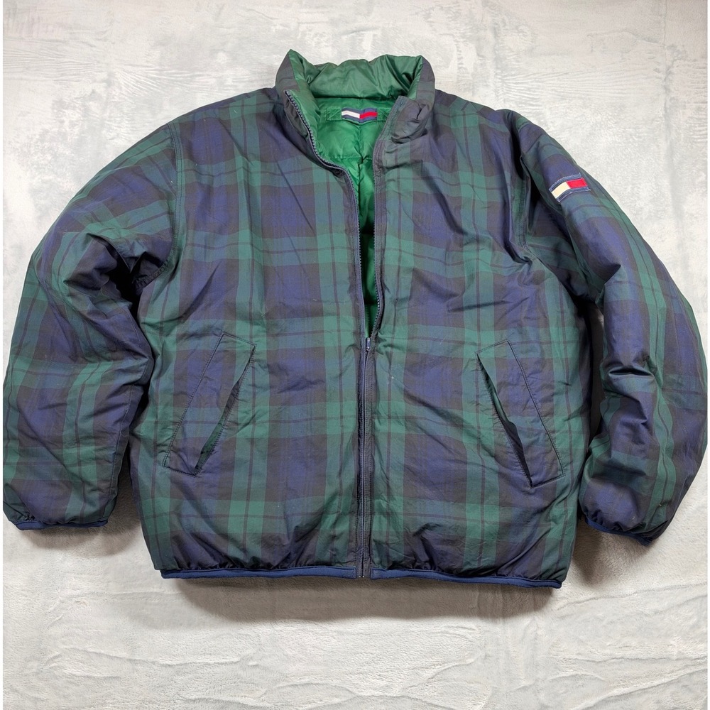 Vintage 90s Tommy Hilfiger Reversible Down Puffer Jacket Men L Black Watch Plaid